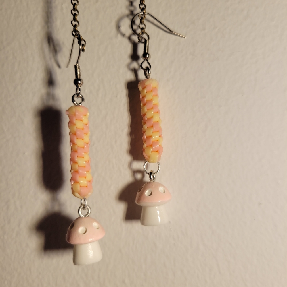 Pink and Yellow Lanyard / Scoobidou / Boondoggle and Mushroom Earrings